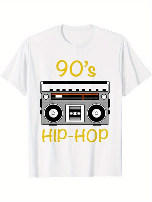 Men's Graphic T-Shirt Nostalgic Yellow Print With Vintage Boombox Celebrating 90s Hip Hop Era Boombox