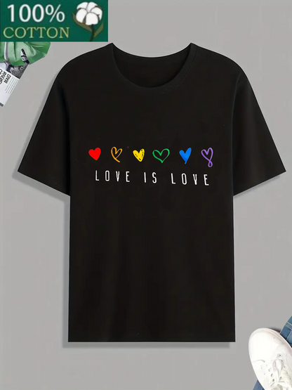 Men's Graphic T-Shirt Love Is Love Multicolored Hearts With Bold Letters On Soft Black Cotton T Shirt