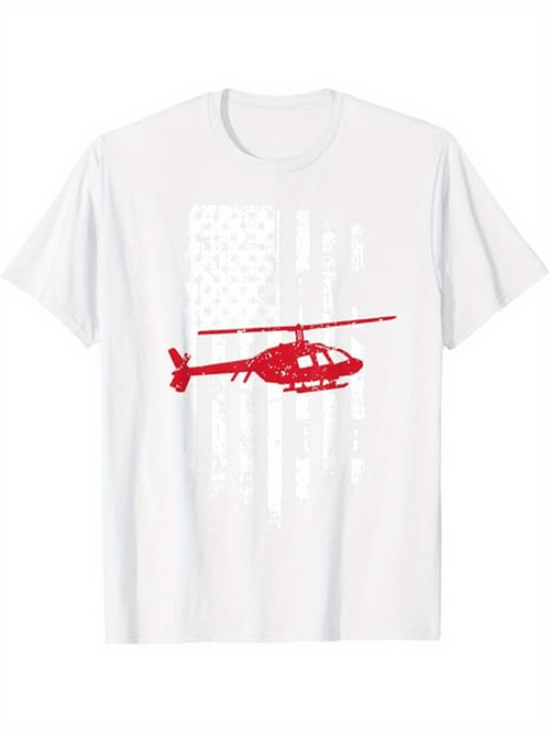 Men's Graphic T-Shirt Red Helicopter Flying Above Subtle American Flag Illustration Helicopter