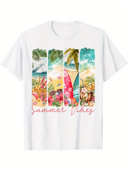 Men's Graphic T-Shirt Summer Vibes Vibrant Tropical Paradise With Surfing Palm Trees And Ocean Beach Board