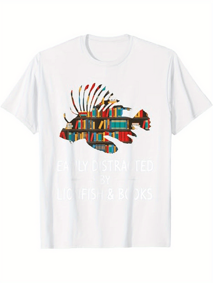 Men's Graphic T-Shirt Bookshelf Patterned Tropical Fins Among Vibrant Shelved Books Fish