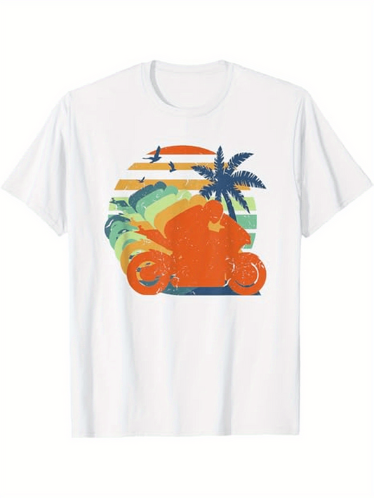 Men's Graphic T-Shirt Vintage Sunset With Palm Tree And Colorful Waves Motorcycle