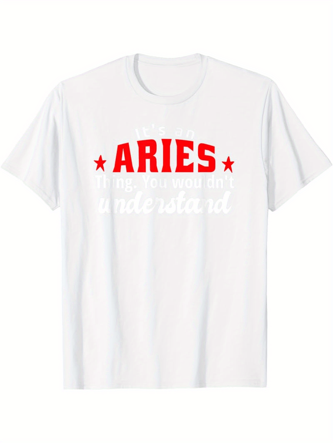 Men's Graphic T-Shirt Bold Red Stars With Aries Typography Centered On White Shirt