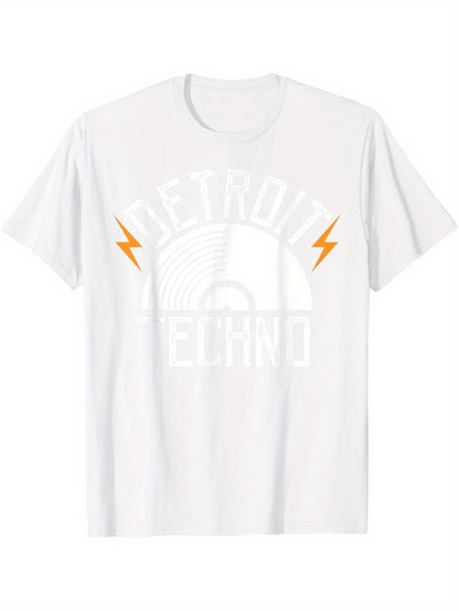 Men's Graphic T-Shirt Detroit Techno With Lightning Bolts Over Stylized Record Graphic