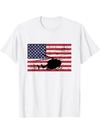 Men's Graphic T-Shirt Vintage American Flag With Silhouette Helicopter Over Textured Background