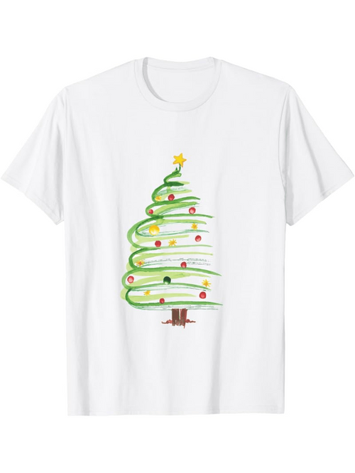 Men's Graphic T-Shirt Hand Painted Green Lines With Colorful Ornaments Christmas Tree