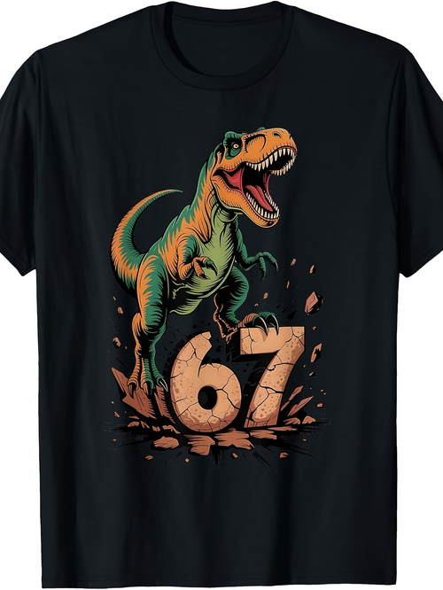 Men's Graphic T-Shirt Charging Tyrannosaurus Rex Crushing Debris With Number 67