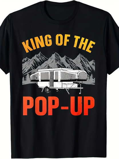 Men's Graphic T-Shirt King Of The Pop Up Camper Under Mountain Sunset Scene