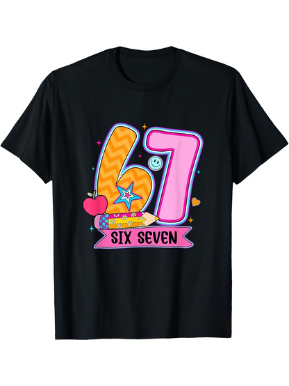 Men's Graphic T-Shirt Colorful Hearts And Stars With Cheerful Cartoon Six Seven