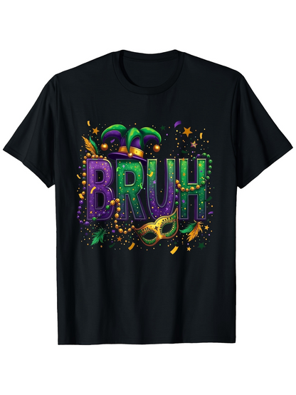 Men's Graphic T-Shirt Bruh Vibrant Mardi Gras Mask With Colorful Party Confetti