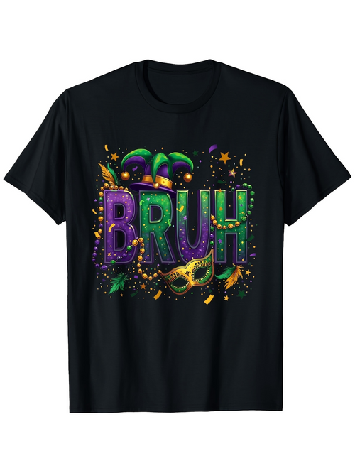 Men's Graphic T-Shirt Bruh Vibrant Mardi Gras Mask With Colorful Party Confetti