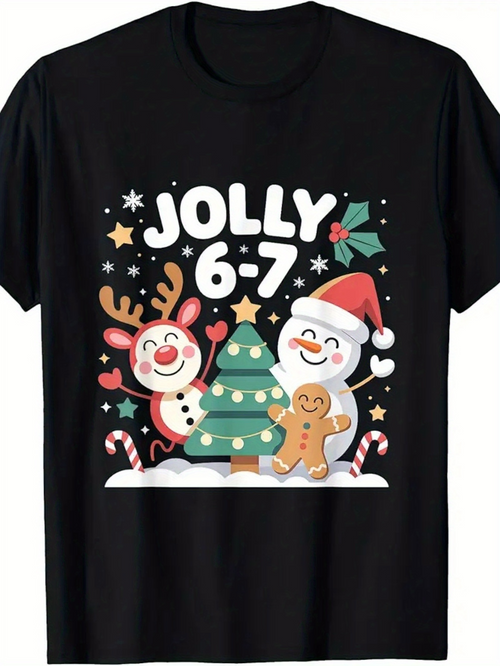 Men's Graphic T-Shirt Jolly 6 7 Christmas Tree With Smiling Snowman And Playful Reindeer