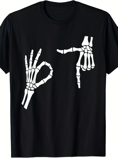 Men's Graphic T-Shirt Bone Hands Making Gestures On Plain Black Cotton Shirt Skeleton
