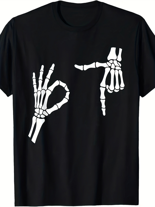 Men's Graphic T-Shirt Bone Hands Making Gestures On Plain Black Cotton Shirt Skeleton