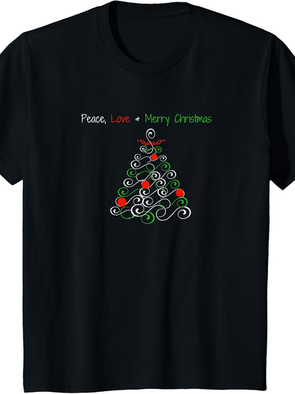Men's Graphic T-Shirt Peace Love Merry Christmas Festive Tree With Red And Green Ornaments