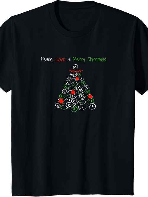 Men's Graphic T-Shirt Peace Love Merry Christmas Festive Tree With Red And Green Ornaments