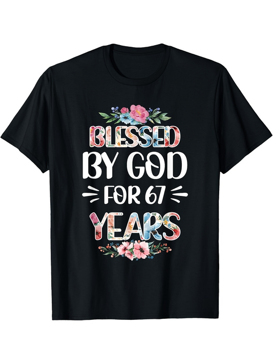 Men's Graphic T-Shirt Blessed By God With Floral Accents Above And Below Years Text