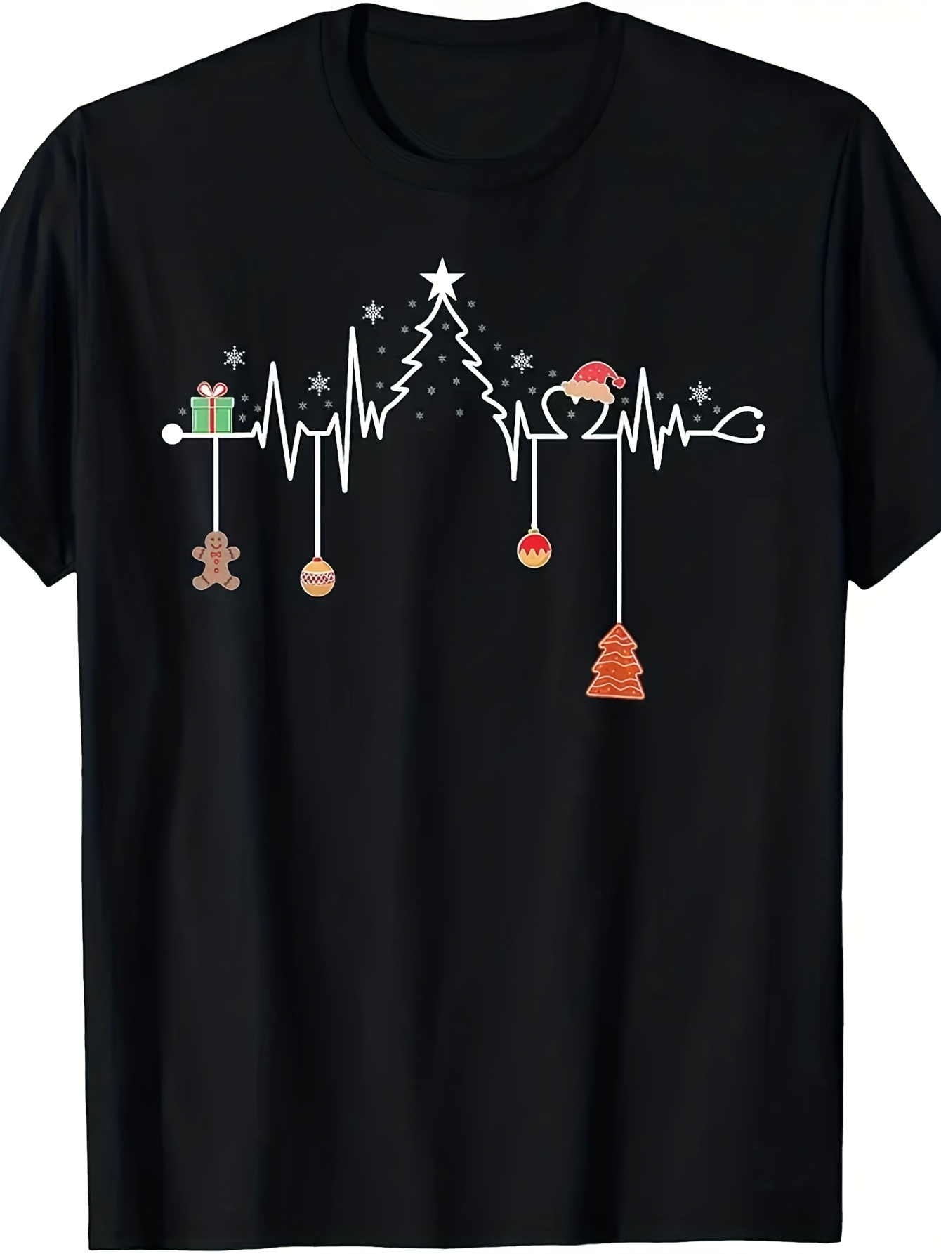 Men's Graphic T-Shirt Heartbeat Line With Christmas Ornaments And Tree Under Starry Night Tree