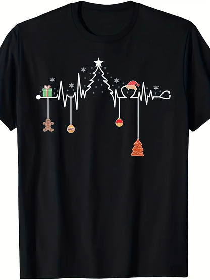 Men's Graphic T-Shirt Heartbeat Line With Christmas Ornaments And Tree Under Starry Night Tree