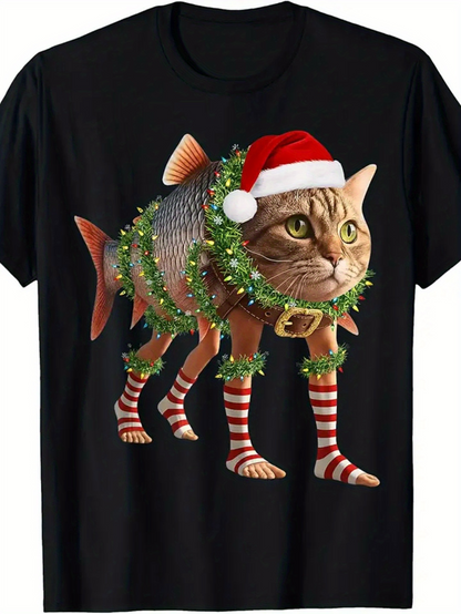 Men's Graphic T-Shirt Festive Cat Fish Hybrid With Holiday Wreath Striped Socks And Santa Hat