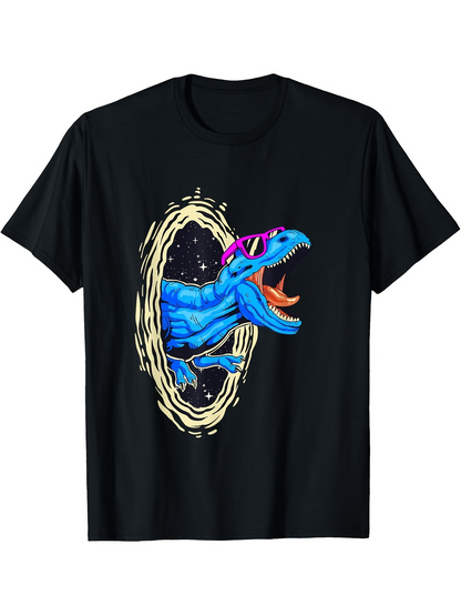 Men's Graphic T-Shirt Retro Blue Dinosaur With Neon Sunglasses Emerging From Glowing Portal