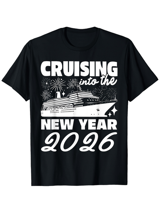 Men's Graphic T-Shirt Cruising Into The New Year 2026 With Fireworks And Ocean Cruise Ship