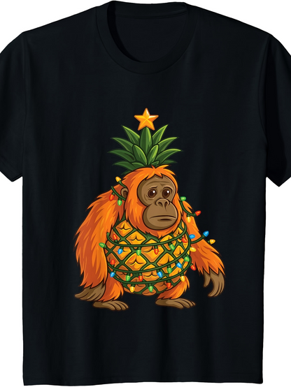 Men's Graphic T-Shirt Festive Orangutan With Pineapple Suit Wrapped With Christmas Lights