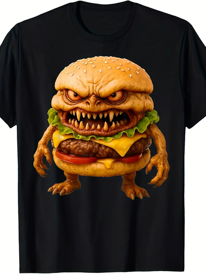 Men's Graphic T-Shirt Fierce Monster Burger With Cheese Lettuce And Angry Expression