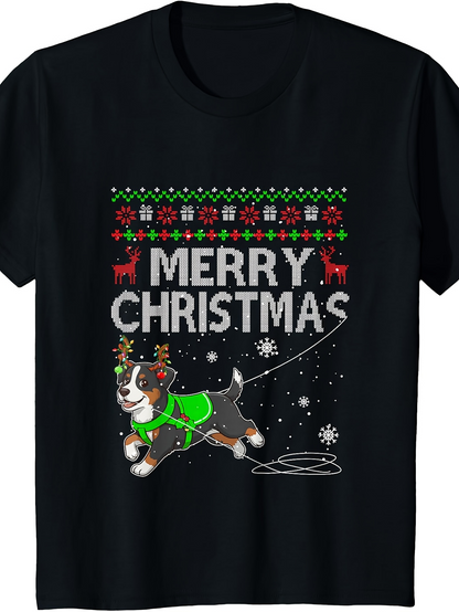 Men's Graphic T-Shirt Merry Christmas Dog Running In Snowflakes Wearing Green Sweater