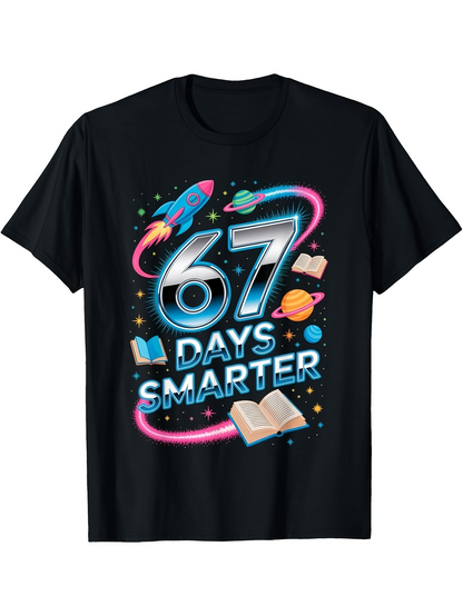 Men's Graphic T-Shirt 67 Days Smarter Neon Swirl With Books Planets And Colorful Rocket