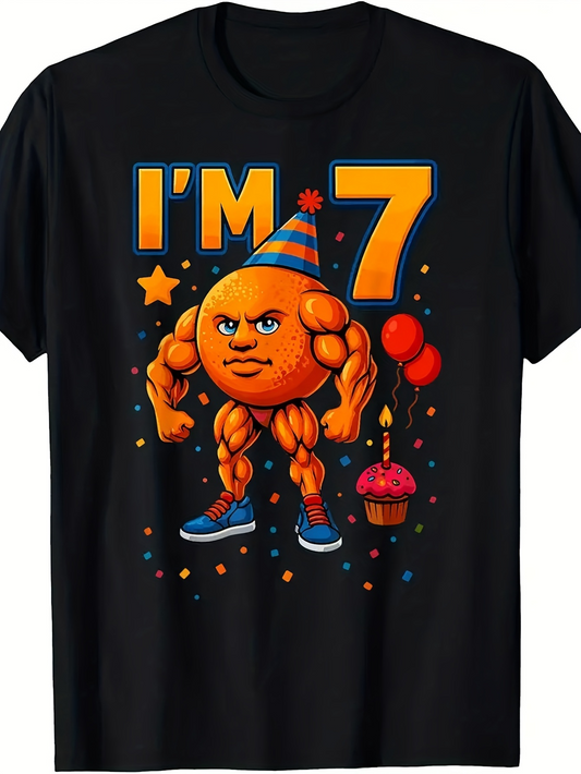 Men's Graphic T-Shirt Im Seven Birthday Party Balloons With Cupcake And Strong Orange