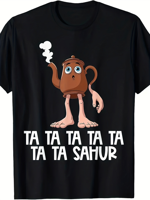 Men's Graphic T-Shirt Ta Ta Ta Ta Ta Ta Ta Sahur With Quirky Cartoon Teapot Standing Upright