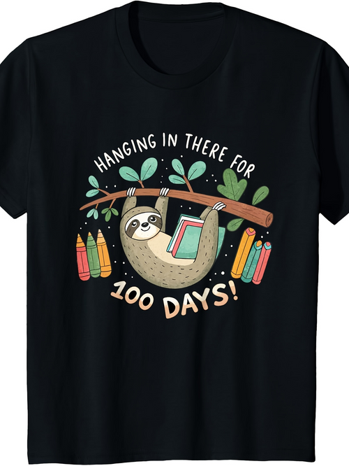 Men's Graphic T-Shirt Hanging In There For 100 Days Surrounded By Leaves Crayons And Smiling Sloth