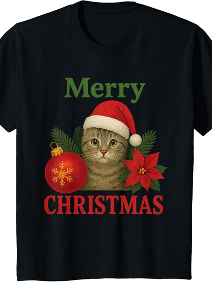 Men's Graphic T-Shirt Merry Christmas Festive Cat With Santa Hat Surrounded By Holiday Florals