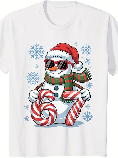 Men's Graphic T-Shirt Cool Snowman With Red Santa Hat And Snowflake Surrounded Holiday Candy