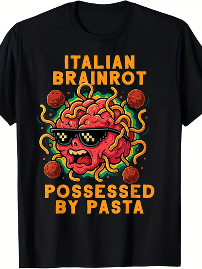 Men's Graphic T-Shirt Italian Brainrot Possessed By Pasta With Noodles Sunglasses Meatballs On Black Shirt