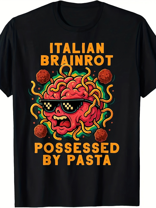 Men's Graphic T-Shirt Italian Brainrot Possessed By Pasta With Noodles Sunglasses Meatballs On Black Shirt