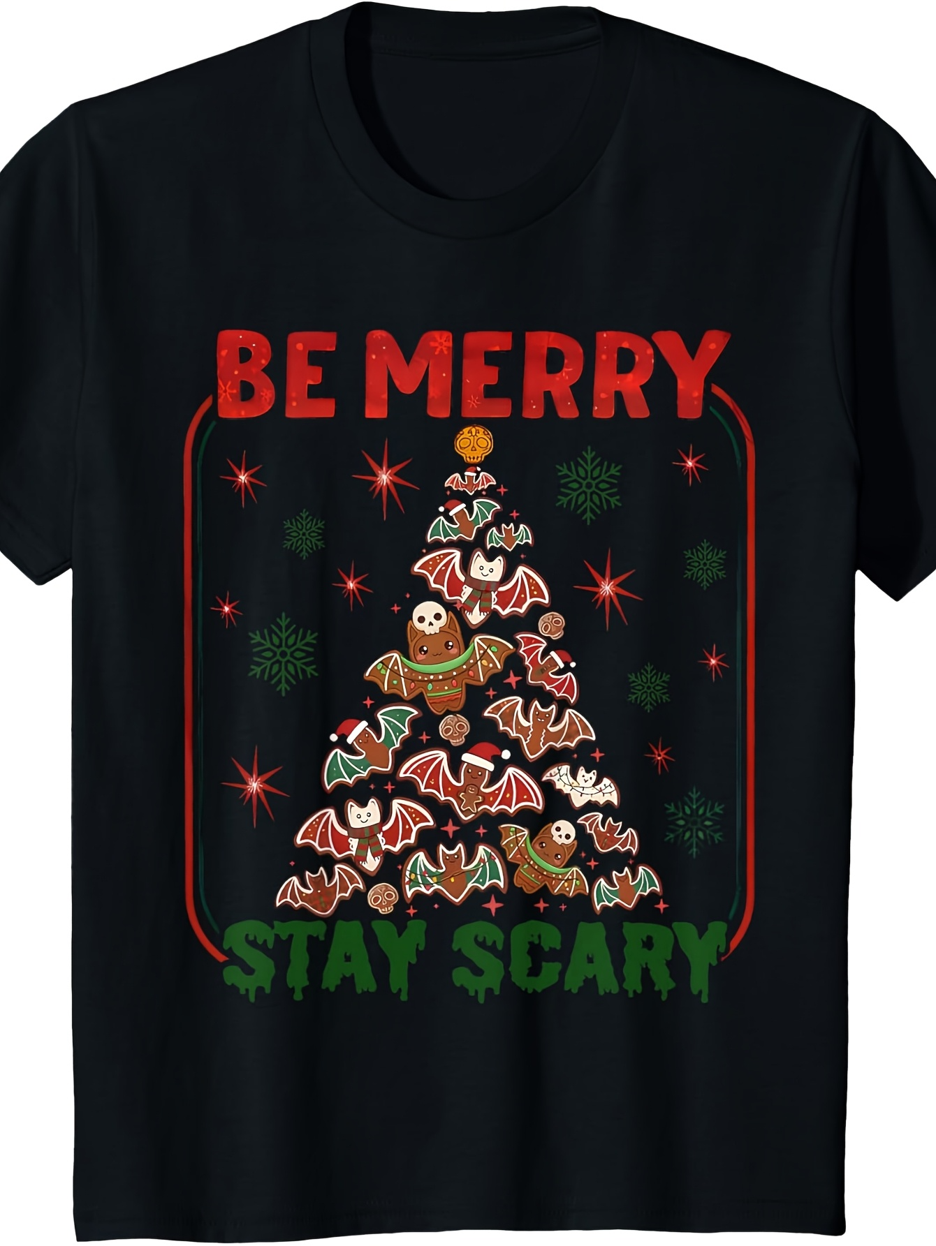 Men's Graphic T-Shirt Be Merry Stay Scary Festive Christmas Tree With Cookies And Bats