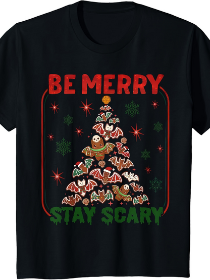 Men's Graphic T-Shirt Be Merry Stay Scary Festive Christmas Tree With Cookies And Bats