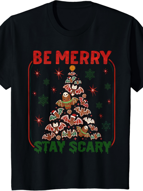 Men's Graphic T-Shirt Be Merry Stay Scary Festive Christmas Tree With Cookies And Bats