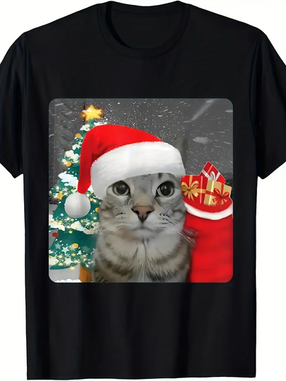 Men's Graphic T-Shirt Festive Cat With Christmas Tree Gifts And Santa Hat