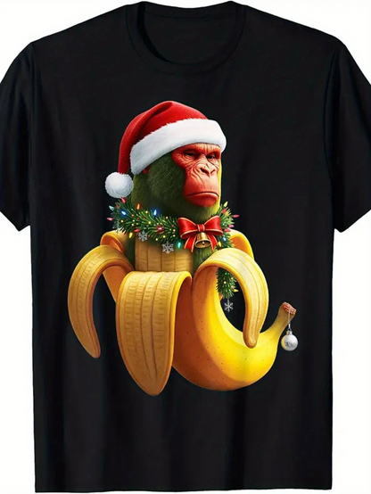 Men's Graphic T-Shirt Festive Monkey With Red Santa Hat Sitting In Open Yellow Banana