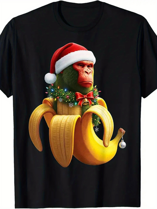 Men's Graphic T-Shirt Festive Monkey With Red Santa Hat Sitting In Open Yellow Banana