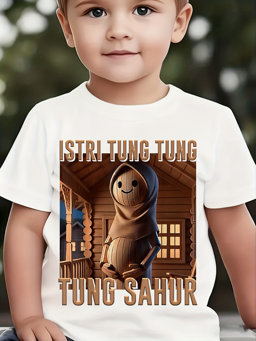 Men's Graphic T-Shirt Brown Wooden Cabin With Cute Smiling Cartoon Plush Doll