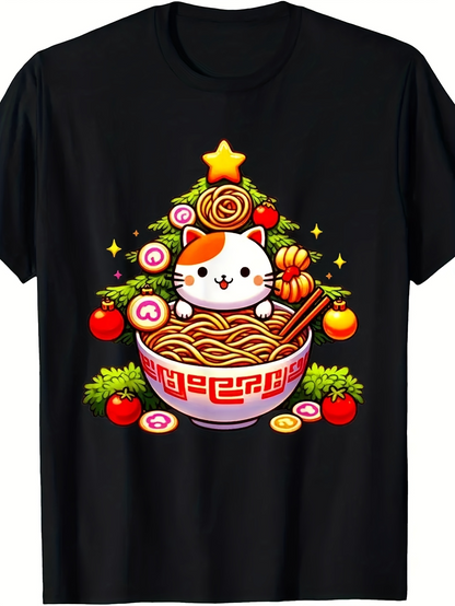 Men's Graphic T-Shirt Cute Calico Cat Surrounded By Ramen Vegetables And Festive Noodle Bowl
