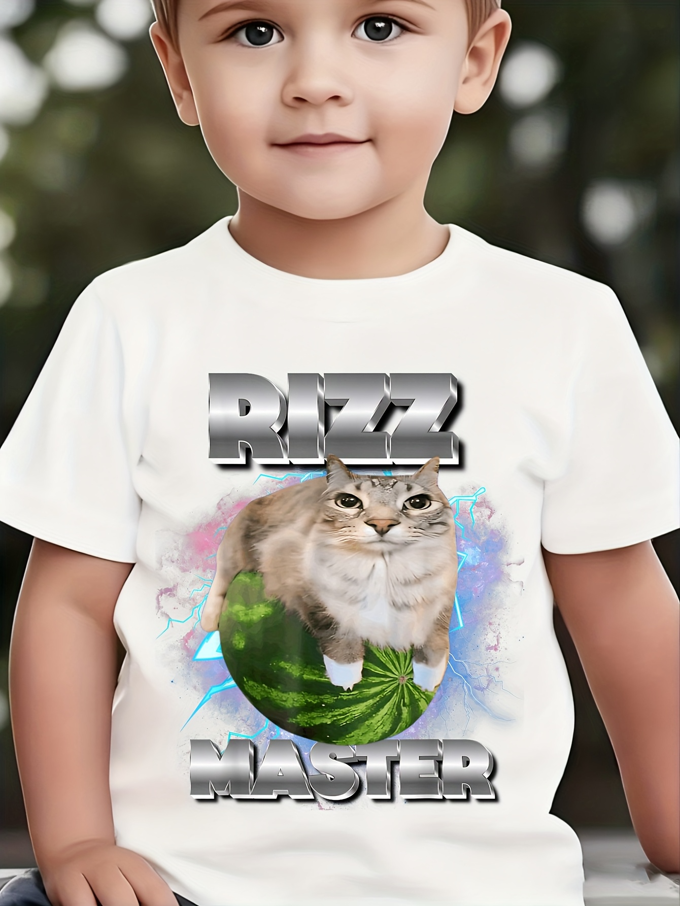 Men's Graphic T-Shirt Rizz Master Fluffy Cat With Green Leaf And Vibrant Splash