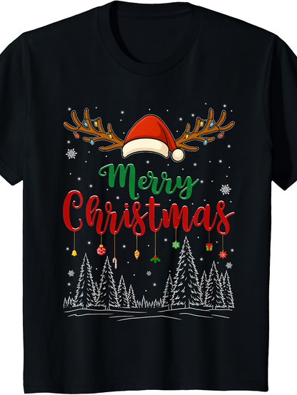 Men's Graphic T-Shirt Merry Christmas Snowy Pine Trees With Festive Ornaments And Santa Hat