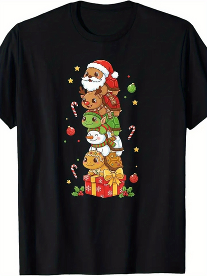 Men's Graphic T-Shirt Festive Stack Of Cute Animals Wearing Christmas Hats
