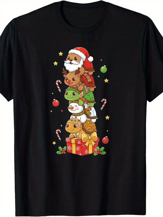 Men's Graphic T-Shirt Festive Stack Of Cute Animals Wearing Christmas Hats