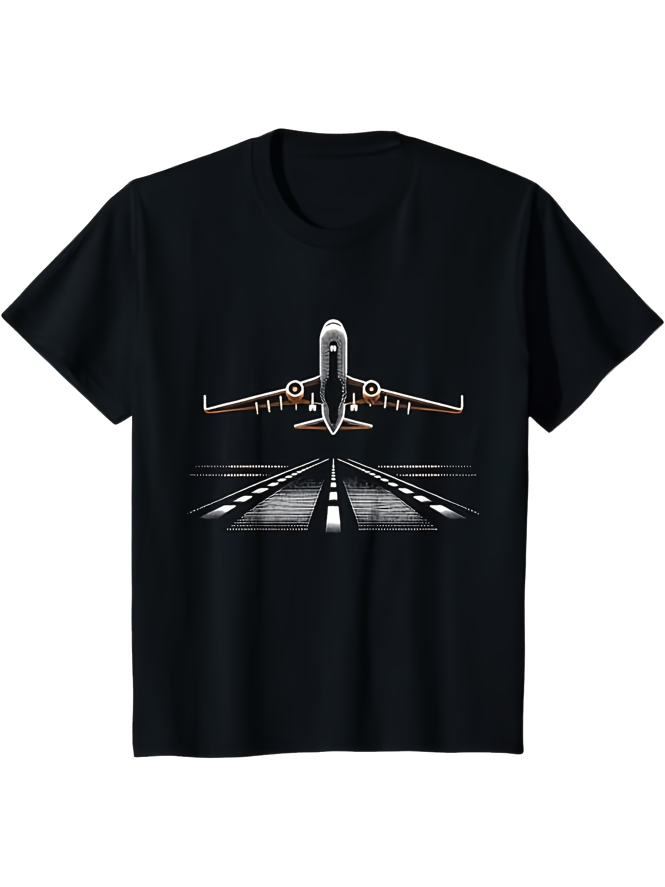 Men's Graphic T-Shirt Night Runway With Bright Lights Illuminating Taking Off Airplane